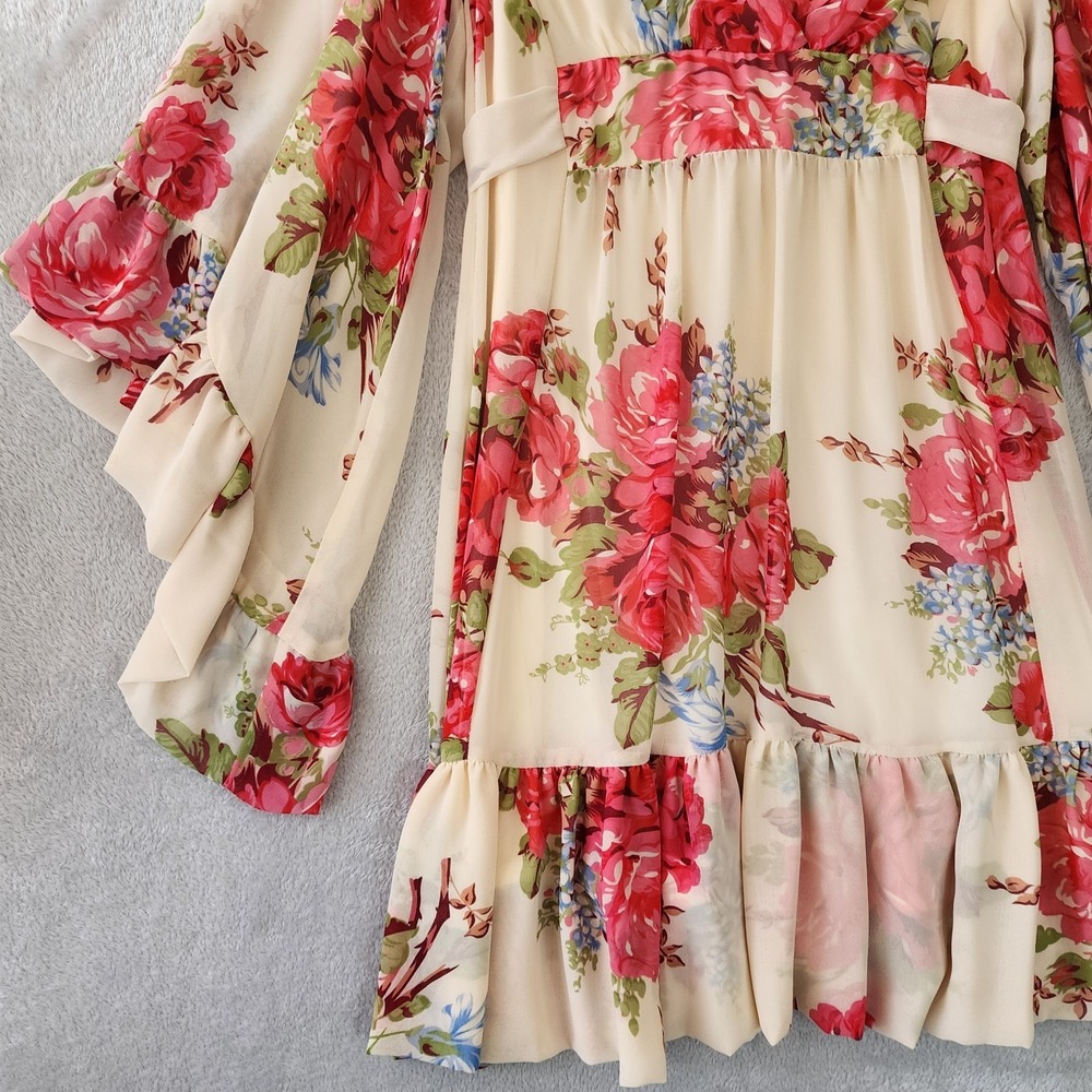 Betsey Johnson Dress Womens Size 6 Vintage Garden Rose Print Fairy Bell Sleeve - Picture 3 of 9